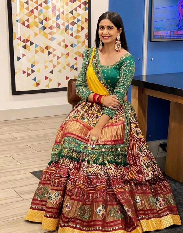 Red Green Lehenga Choli With Mirror Work And Attached Yellow Dupatta  - Free