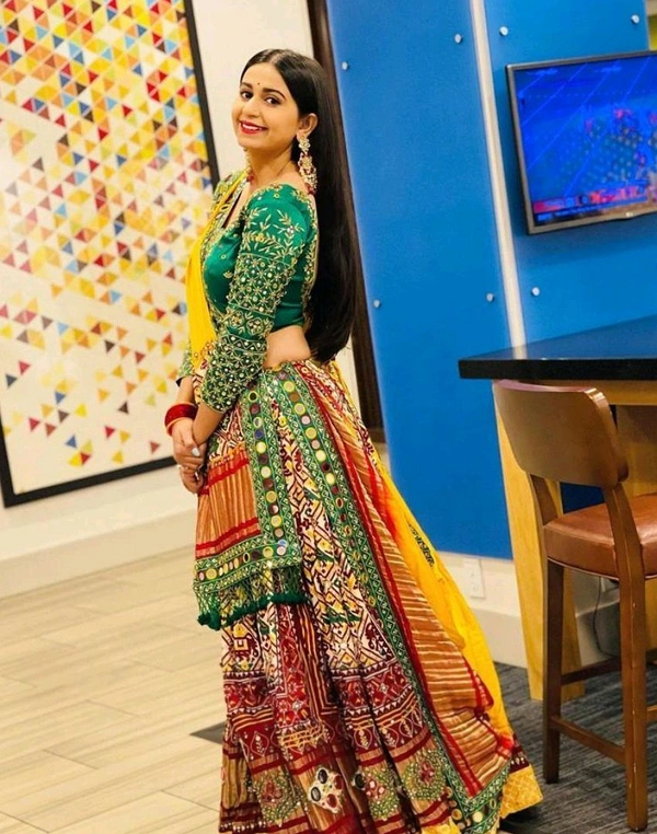 Red Green Lehenga Choli With Mirror Work And Attached Yellow Dupatta  - Free