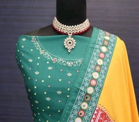 Red Green Lehenga Choli With Mirror Work And Attached Yellow Dupatta  - Free