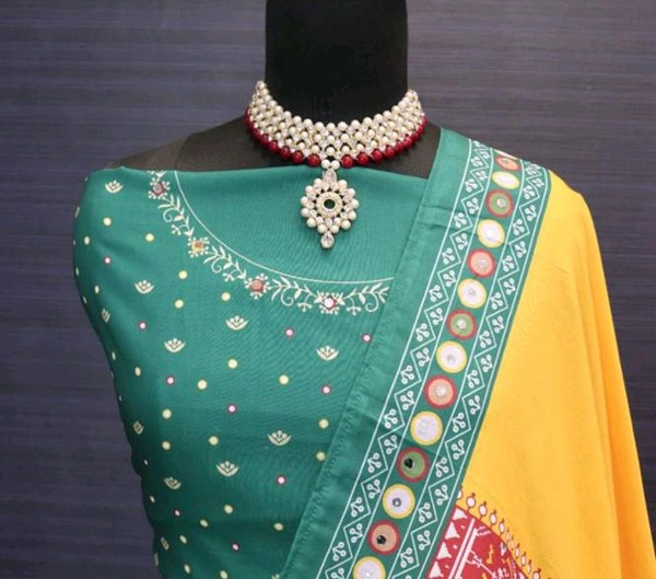 Red Green Lehenga Choli With Mirror Work And Attached Yellow Dupatta  - Free