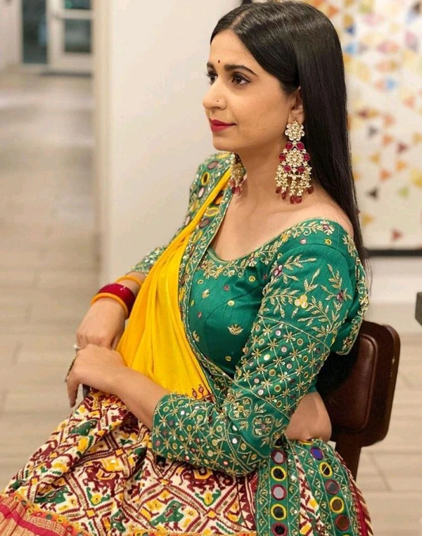 Red Green Lehenga Choli With Mirror Work And Attached Yellow Dupatta  - Free