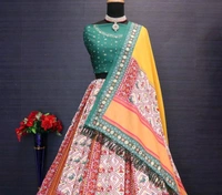 Red Green Lehenga Choli With Mirror Work And Attached Yellow Dupatta  - Free