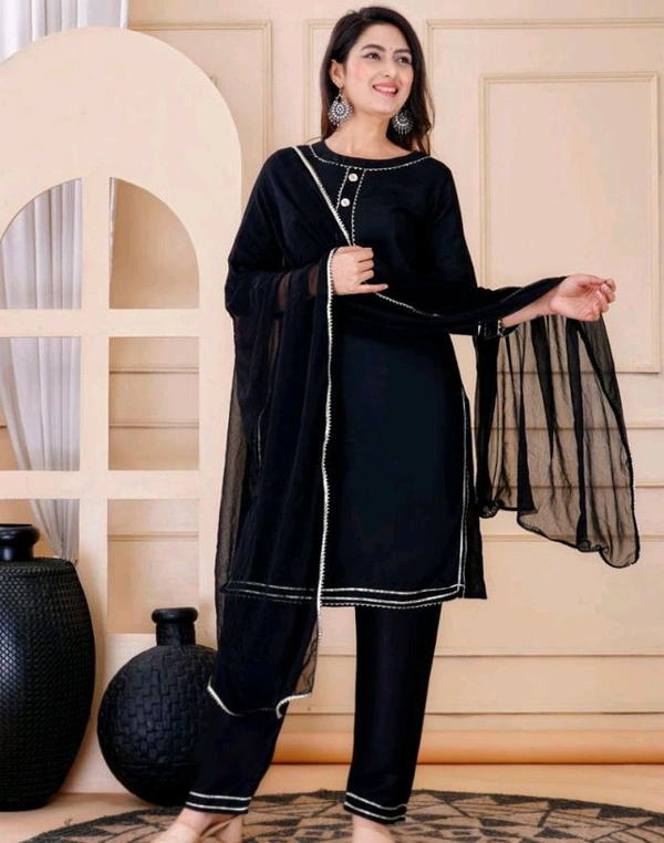 Beautiful Rayon Lace Work Kurti With Pant And Dupatta - Black, XXL