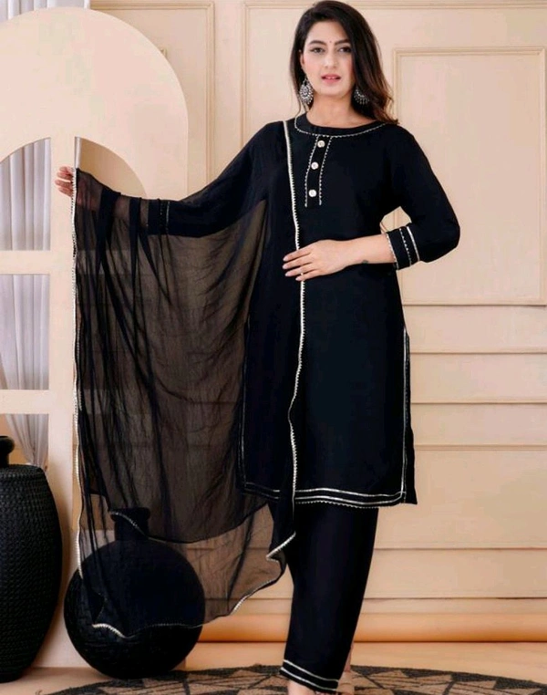 Beautiful Rayon Lace Work Kurti With Pant And Dupatta - Black, XXL