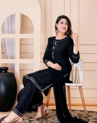 Beautiful Rayon Lace Work Kurti With Pant And Dupatta - Black, XXL