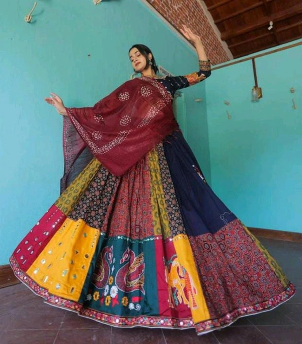 Multi Navy Blue Lehenga Choli And  Attached Solid Pink Dupatta k Brown Dupatta  - Free