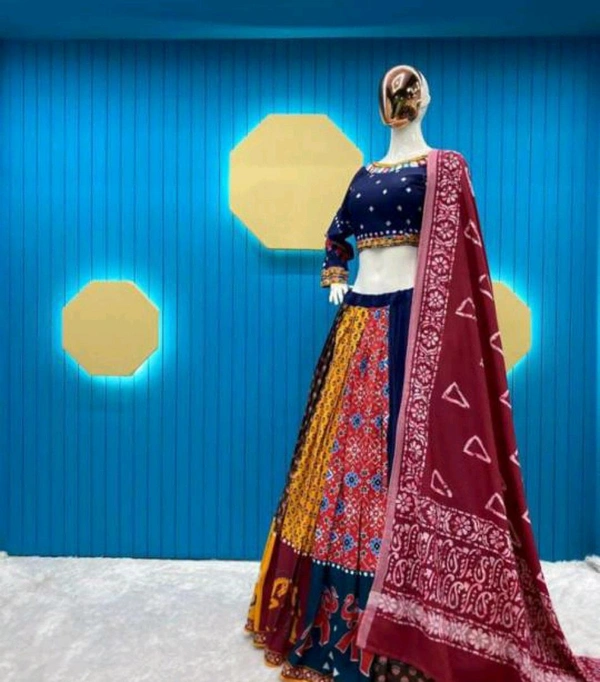 Multi Navy Blue Lehenga Choli And  Attached Solid Pink Dupatta k Brown Dupatta  - Free