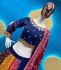 Multi Navy Blue Lehenga Choli And  Attached Solid Pink Dupatta k Brown Dupatta  - Free