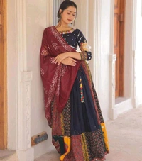 Multi Navy Blue Lehenga Choli And  Attached Solid Pink Dupatta k Brown Dupatta  - Free