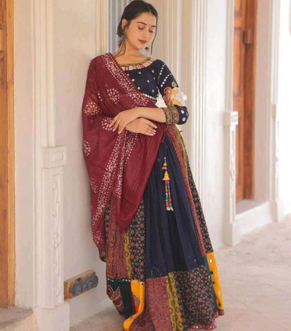 Multi Navy Blue Lehenga Choli And  Attached Solid Pink Dupatta k Brown Dupatta  - Free