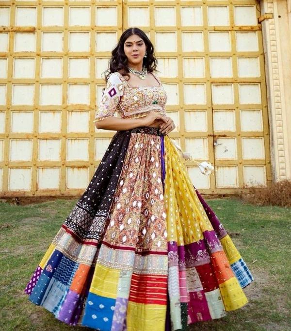 Multi White Lehenga Choli With Mirror Work And Attached White Dupatta  - Free