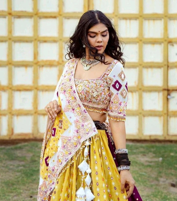 Multi White Lehenga Choli With Mirror Work And Attached White Dupatta  - Free