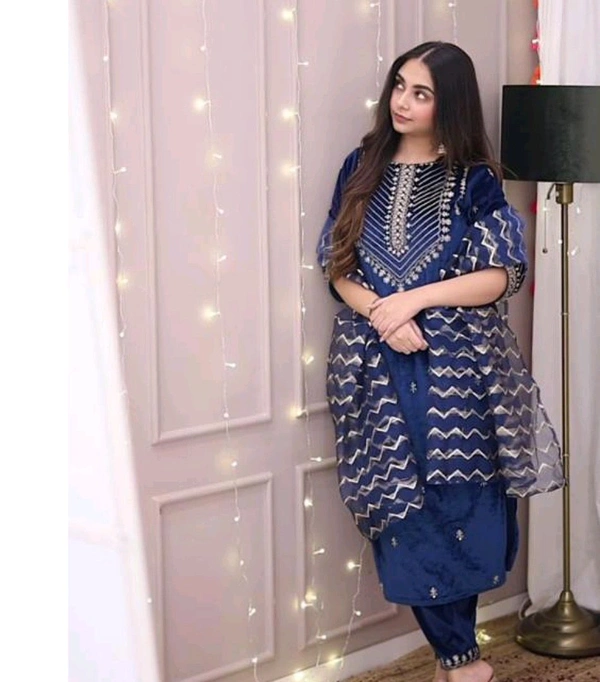 Women's  Suit With Pent & Dupatta - Navy Blue, XXL