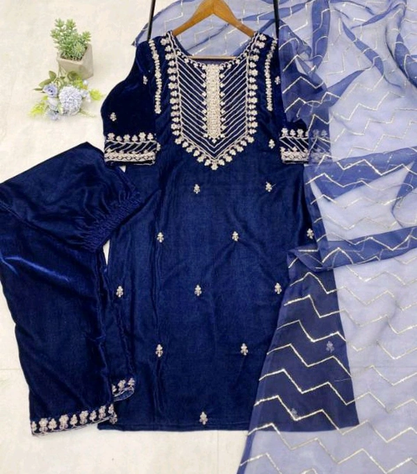 Women's Suit With Pent & Dupatta - Navy Blue, L