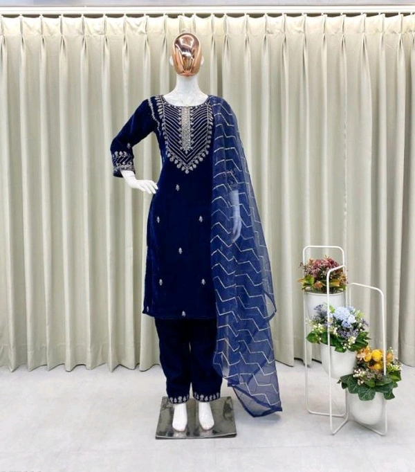 Women's Suit With Pent & Dupatta - Navy Blue, L