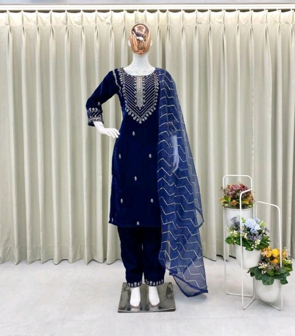 Women's Suit With Pent & Dupatta - Navy Blue, L