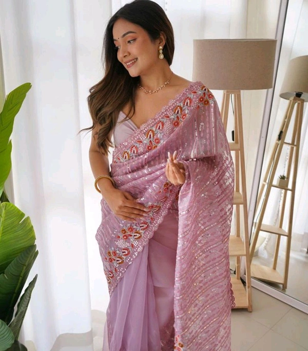Women Beautiful Sarees With Blouse Piece - Free, Pink Lace