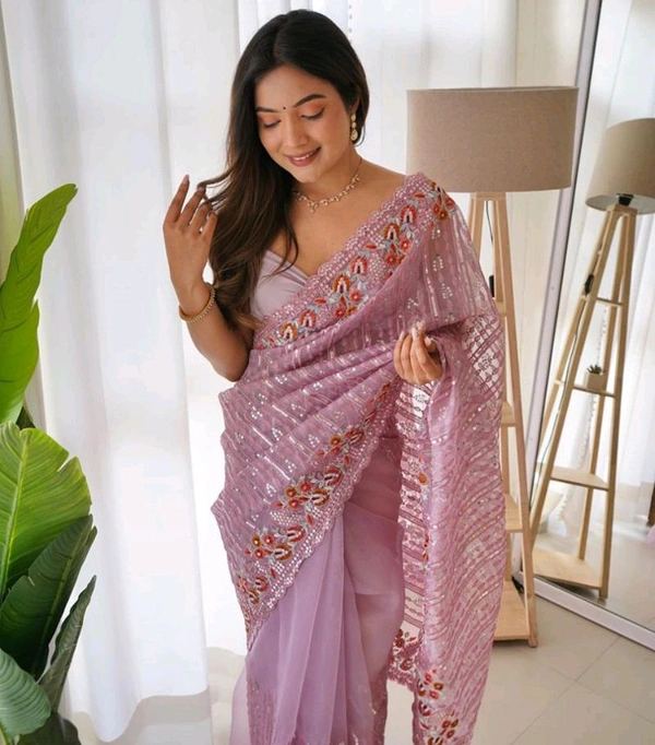 Women Beautiful Sarees With Blouse Piece - Free, Pink Lace