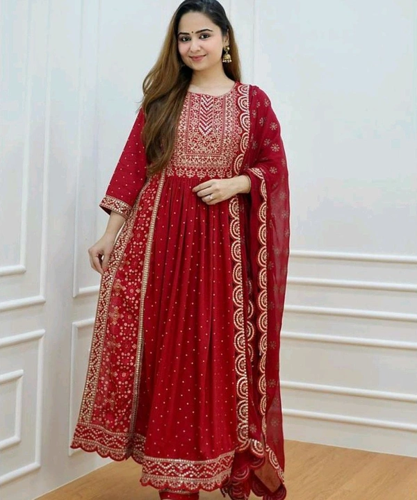  Rayon Naira Cut Kurtis With pant And Dupatta  - L, Red