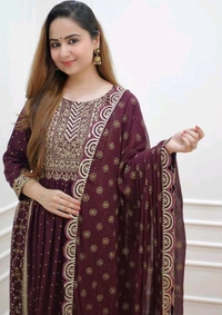  Rayon Naira Cut Kurtis With pant And Dupatta  - L, Purple