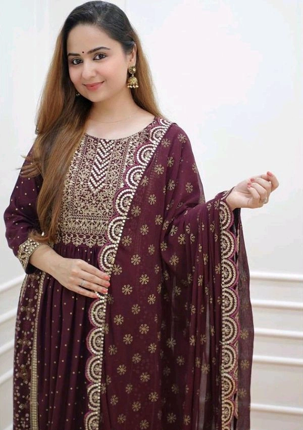  Rayon Naira Cut Kurtis With pant And Dupatta  - M, Purple