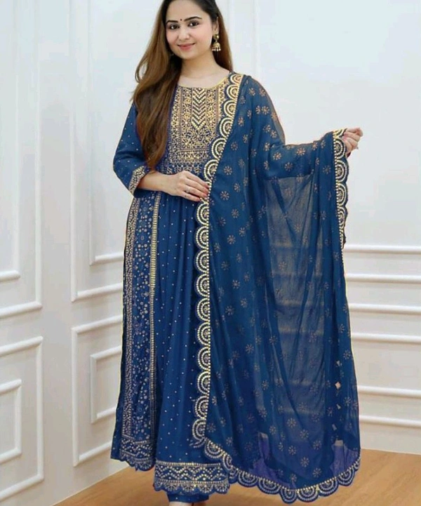  Rayon Naira Cut Kurtis With pant And Dupatta  - XL, Blue Stone