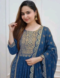  Rayon Naira Cut Kurtis With pant And Dupatta  - XXL, Blue Stone