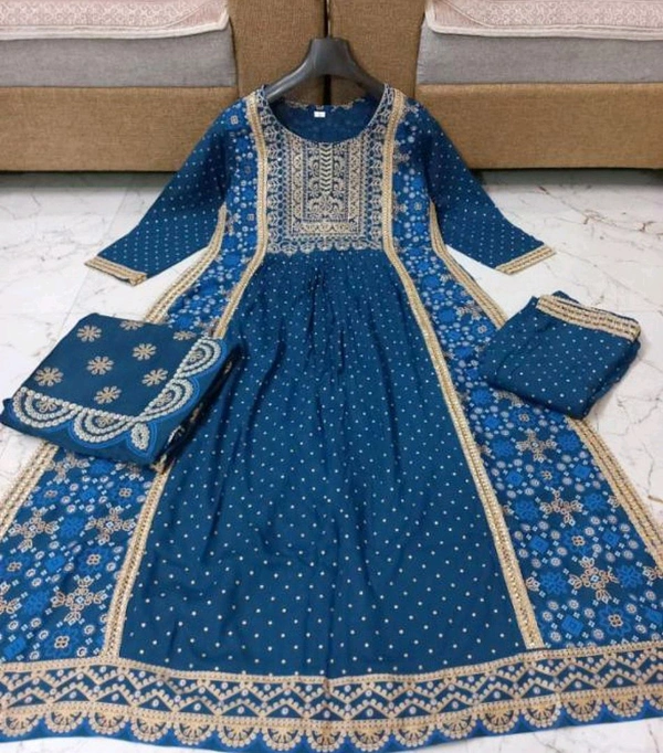  Rayon Naira Cut Kurtis With pant And Dupatta  - XXL, Blue Stone