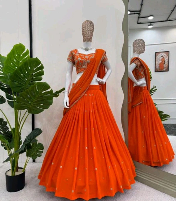 Most Beautiful Lehenga Saree With Blouse And Attached Dupatta - Red Orange, Free