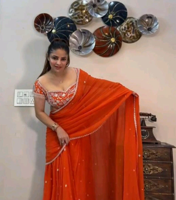 Most Beautiful Lehenga Saree With Blouse And Attached Dupatta - Red Orange, Free
