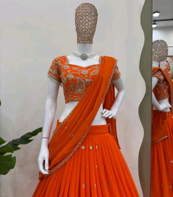 Most Beautiful Lehenga Saree With Blouse And Attached Dupatta - Red Orange, Free