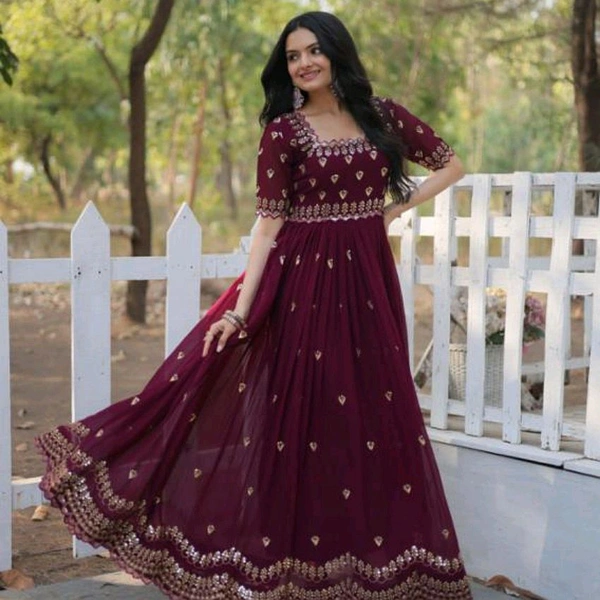 Beautiful Maroon Lace Designer Gown Dress - Maroon, L