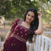 Beautiful Maroon Lace Designer Gown Dress - Maroon, L