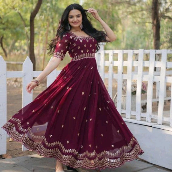 Beautiful Maroon Lace Designer Gown Dress - Maroon, M