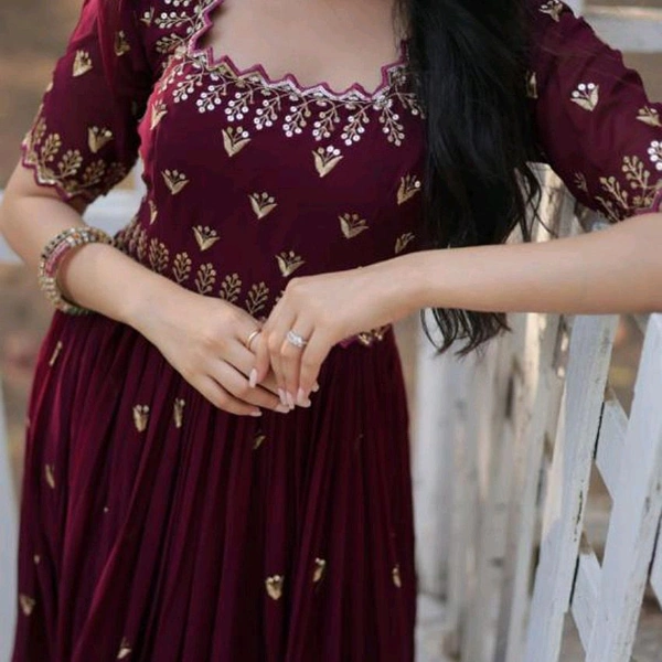 Beautiful Maroon Lace Designer Gown Dress - Maroon, XL