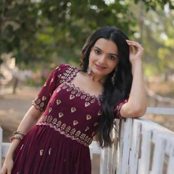 Beautiful Maroon Lace Designer Gown Dress - Maroon, XL