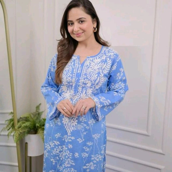 Women's Cotton Kurti With Pant Set - Blue, XXXL