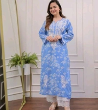 Women's Cotton Kurti With Pant Set - Blue, XXXL