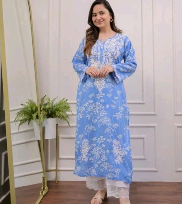 Women's Cotton Kurti With Pant Set - Blue, XXXL