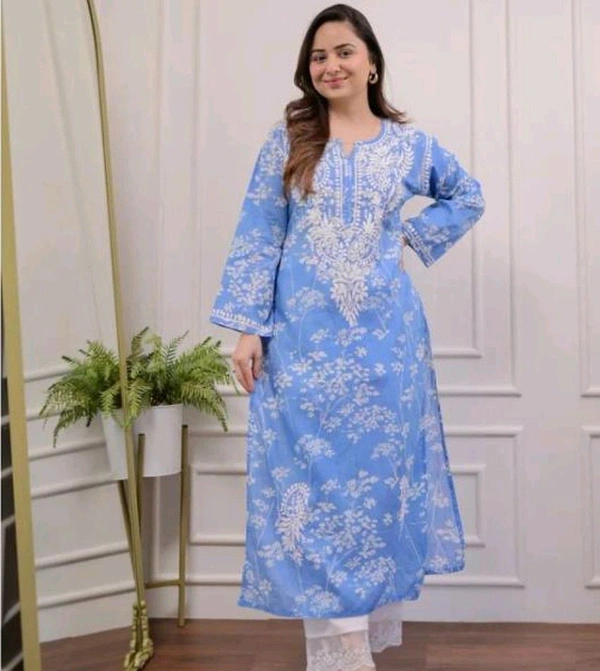 Women's Cotton Kurti With Pant Set - Blue, XXXL
