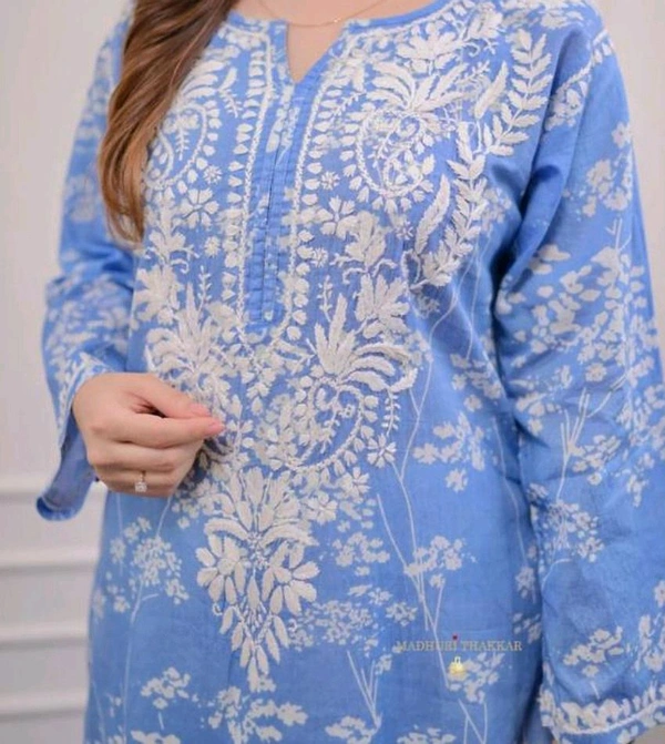 Women's Cotton Kurti With Pant Set - Blue, XXXL