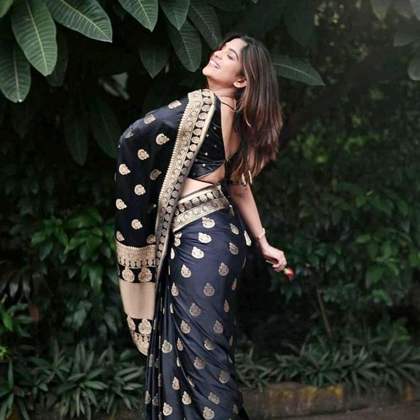 Banarasi Soft Silk Sarees With Blouse Piece - Black