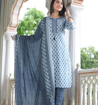 Cotton Straight Kurti with pant and dupatta Set - Silver, L