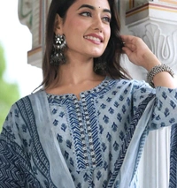 Cotton Straight Kurti with pant and dupatta Set - Silver, XL