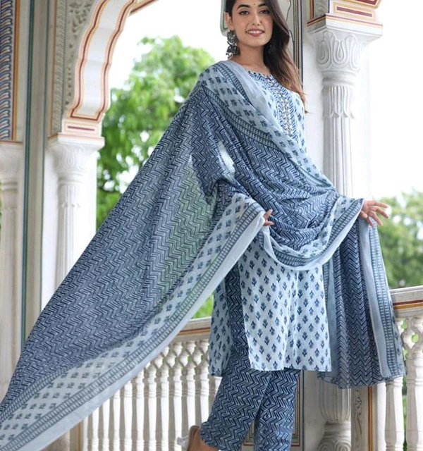 Cotton Straight Kurti with pant and dupatta Set - Silver, XXXL