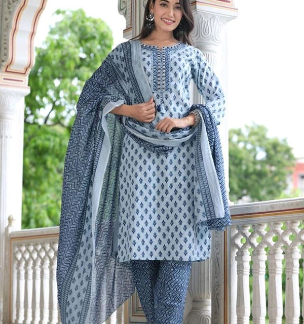 Cotton Straight Kurti with pant and dupatta Set - Silver, XXXXL