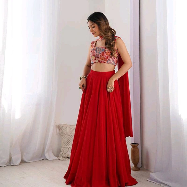 Elegant Georgette Lehenga Choli For Women  - Red, XXL