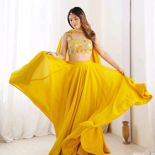 Elegant Georgette Lehenga Choli For Women  - Yellow, M