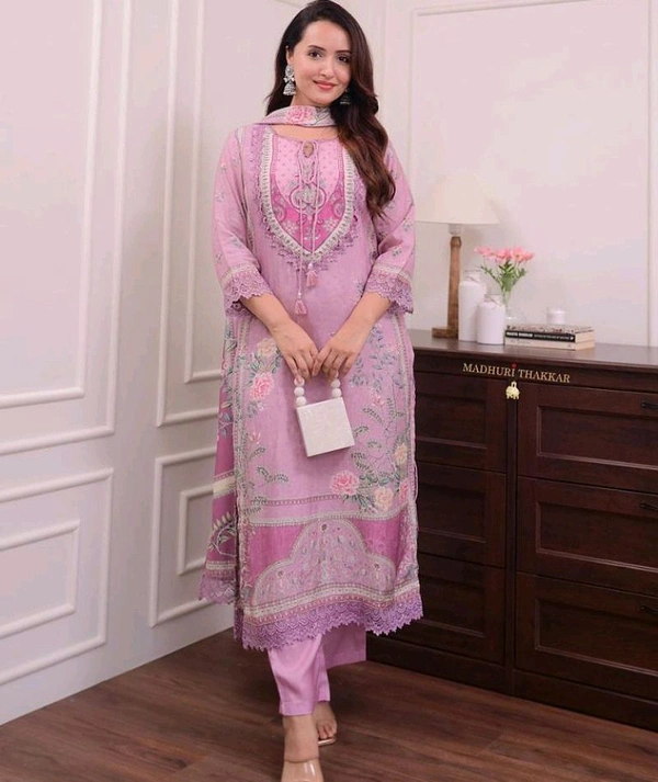 Designer Maslin Silk Pakistani Suit - Lavender Rose, L