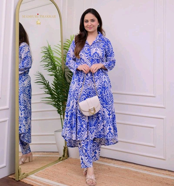 Beautiful Women Stylish Cotton Co-ord Set - Royal Blue, XXL